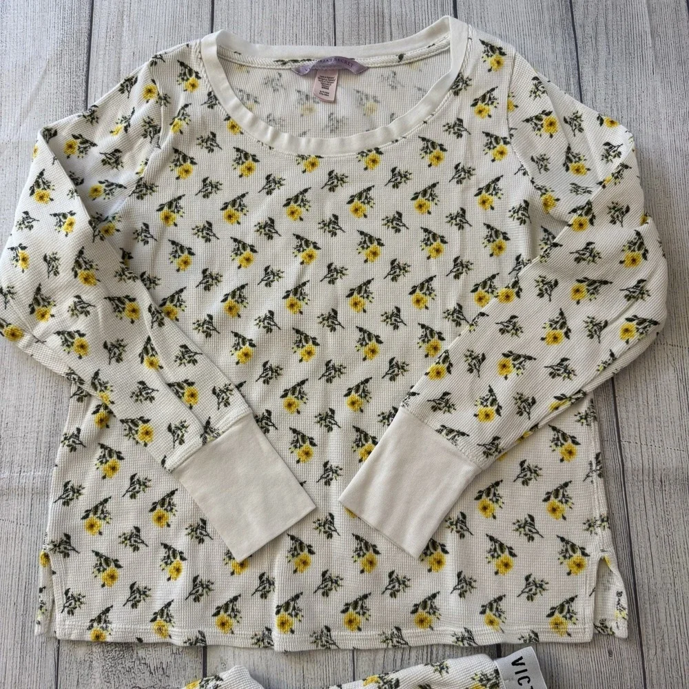 Victoria's Secret Floral Thermal Pajama Set Women's Cream Yellow Waffle Knit S